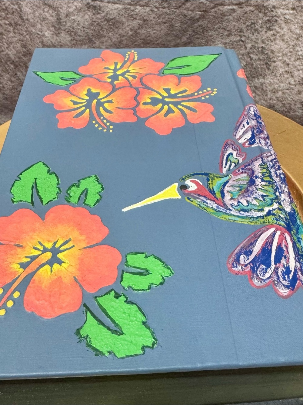 Custom Hand-Painted Hummingbird & Hibiscus Book Home Decor
